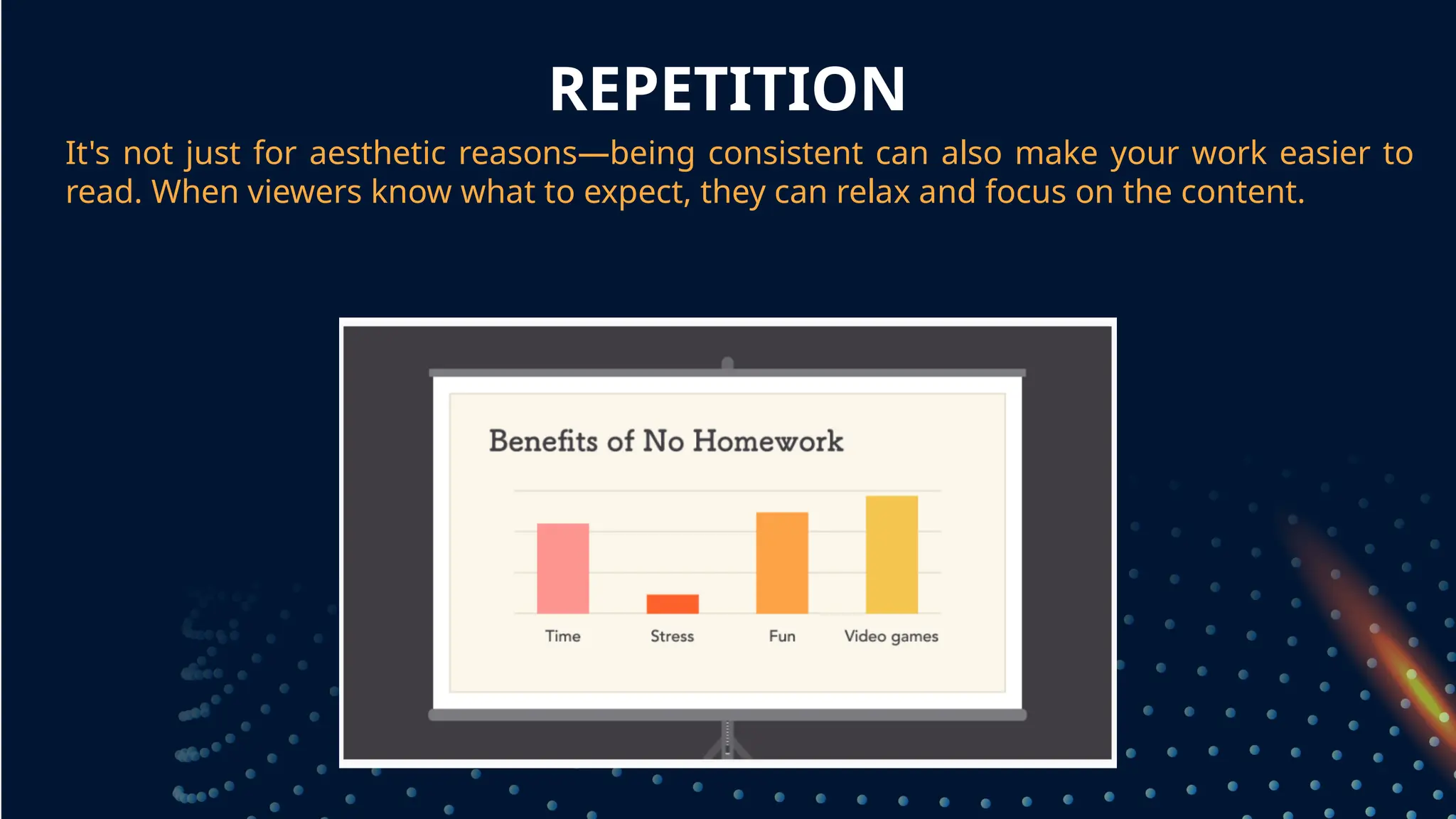REPETITION
It's not just for aesthetic reasons—being consistent can also make your work easier to
read. When viewers know what to expect, they can relax and focus on the content.
grouped together
 