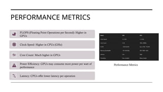 PERFORMANCE METRICS
FLOPS (Floating Point Operations per Second): Higher in
GPUs
Clock Speed: Higher in CPUs (GHz)
Core Count: Much higher in GPUs
Power Efficiency: GPUs may consume more power per watt of
performance
Latency: CPUs offer lower latency per operation
Performance Metrics
 