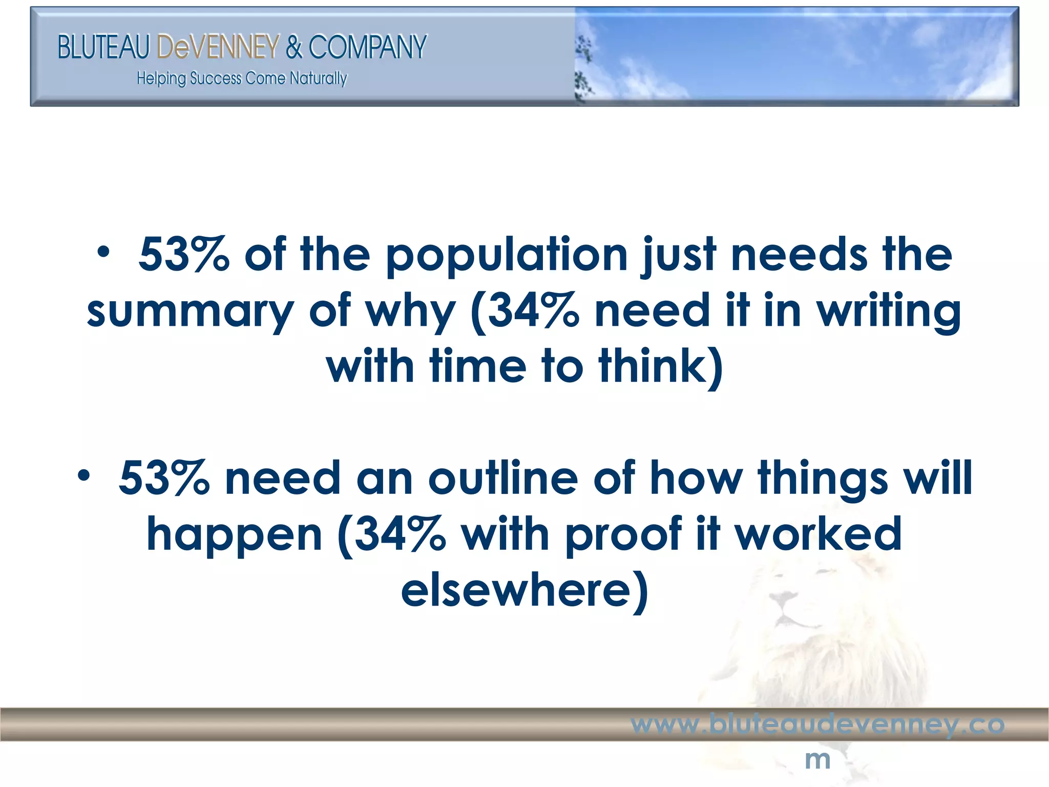53% of the population just needs the summary of why (34% need it in writing with time to think) 53% need an outline of how things will happen (34% with proof it worked elsewhere) 
