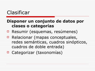 Clasificar Disponer un conjunto de datos por clases o categorías Resumir (esquemas, resúmenes) Relacionar (mapas conceptuales, redes semánticas, cuadros sinópticos, cuadros de doble entrada) Categorizar (taxonomías) 