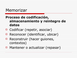 Memorizar Proceso de codificación, almacenamiento y reintegro de datos Codificar (repetir, asociar) Reconocer (identificar, ubicar) Reconstruir (hacer guiones, contextos) Mantener o actualizar (repasar) 