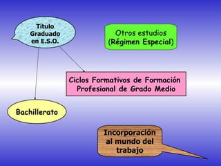 Título
    Graduado                Otros estudios
    en E.S.O.             (Régimen Especial)




                Ciclos Formativos de Formación
                  Profesional de Grado Medio


Bachillerato

                         Incorporación
                          al mundo del
                             trabajo
 
