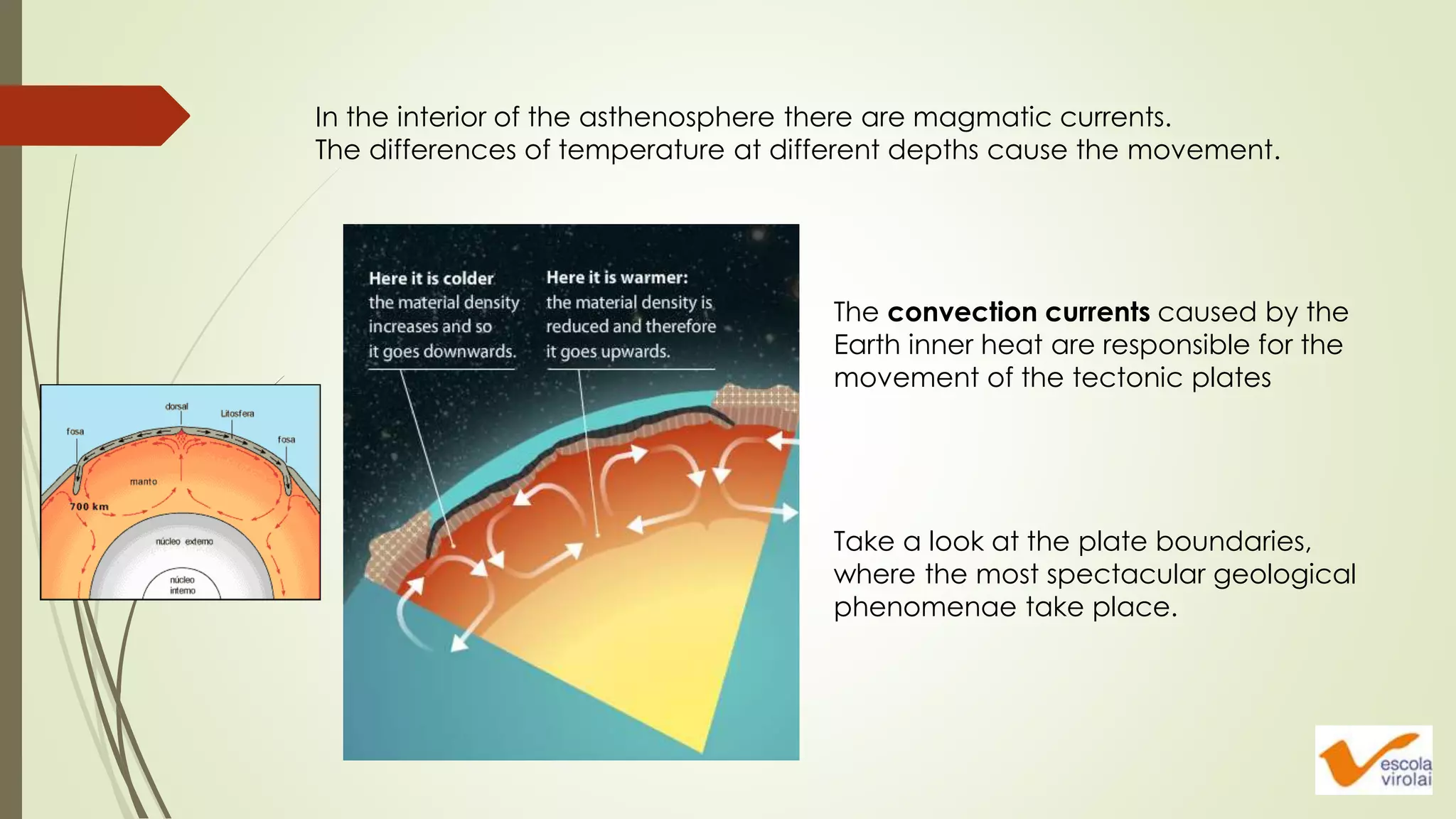 In the interior of the asthenosphere there are magmatic currents.
The differences of temperature at different depths cause the movement.
The convection currents caused by the
Earth inner heat are responsible for the
movement of the tectonic plates
Take a look at the plate boundaries,
where the most spectacular geological
phenomenae take place.
 