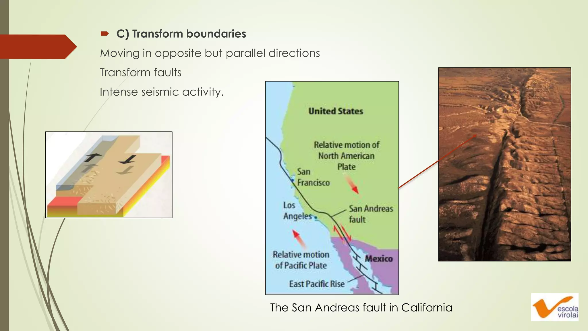  C) Transform boundaries
Moving in opposite but parallel directions
Transform faults
Intense seismic activity.
The San Andreas fault in California
 