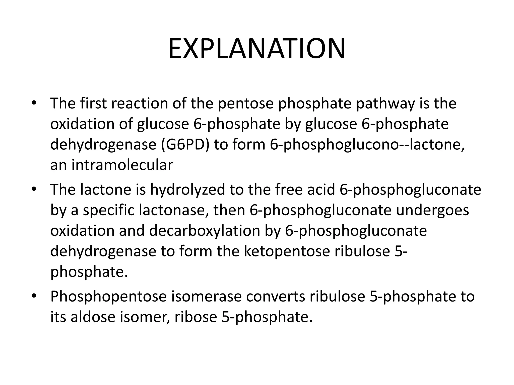 EXPLANATION
• The first reaction of the pentose phosphate pathway is the
oxidation of glucose 6-phosphate by glucose 6-phosphate
dehydrogenase (G6PD) to form 6-phosphoglucono--lactone,
an intramolecular
• The lactone is hydrolyzed to the free acid 6-phosphogluconate
by a specific lactonase, then 6-phosphogluconate undergoes
oxidation and decarboxylation by 6-phosphogluconate
dehydrogenase to form the ketopentose ribulose 5-
phosphate.
• Phosphopentose isomerase converts ribulose 5-phosphate to
its aldose isomer, ribose 5-phosphate.
 