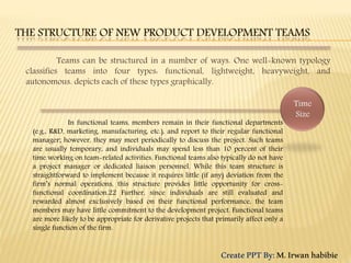 Teams can be structured in a number of ways. One well-known typology
classifies teams into four types: functional, lightweight, heavyweight, and
autonomous. depicts each of these types graphically.
In functional teams, members remain in their functional departments
(e.g., R&D, marketing, manufacturing, etc.), and report to their regular functional
manager; however, they may meet periodically to discuss the project. Such teams
are usually temporary, and individuals may spend less than 10 percent of their
time working on team-related activities. Functional teams also typically do not have
a project manager or dedicated liaison personnel. While this team structure is
straightforward to implement because it requires little (if any) deviation from the
firm’s normal operations, this structure provides little opportunity for cross-
functional coordination.22 Further, since individuals are still evaluated and
rewarded almost exclusively based on their functional performance, the team
members may have little commitment to the development project. Functional teams
are more likely to be appropriate for derivative projects that primarily affect only a
single function of the firm.
CreatePPTBy:M.Irwanhabibie
 