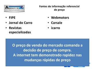 O preço de venda do mercado comanda a
      decisão de preço de compra.
A internet tem demonstrado rapidez nas
       mudanças rápidas de preço
          Instrutor: Isnel Leite de Almeida
 