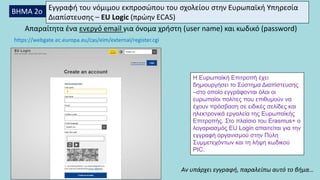 Αν υπάρχει εγγραφή, παραλείπω αυτό το βήμα…
ΒΗΜΑ 2ο Εγγραφή του νόμιμου εκπροσώπου του σχολείου στην Ευρωπαϊκή Υπηρεσία
Διαπίστευσης – EU Logic (πρώην ECAS)
Απαραίτητα ένα ενεργό email για όνομα χρήστη (user name) και κωδικό (password)
Η Ευρωπαϊκή Επιτροπή έχει
δημιουργήσει το Σύστημα Διαπίστευσης
–στο οποίο εγγράφονται όλοι οι
ευρωπαίοι πολίτες που επιθυμούν να
έχουν πρόσβαση σε ειδικές σελίδες και
ηλεκτρονικά εργαλεία της Ευρωπαϊκής
Επιτροπής. Στο πλαίσιο του Erasmus+ ο
λογαριασμός EU Login απαιτείται για την
εγγραφή οργανισμού στην Πύλη
Συμμετεχόντων και τη λήψη κωδικού
PIC.
https://webgate.ec.europa.eu/cas/eim/external/register.cgi
 
