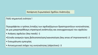 Πολύ σημαντική ενότητα !
Περιγράφεται ο τρόπος ένταξης των σχεδιαζόμενων δραστηριοτήτων κινητικότητας
σε μια μακροπρόθεσμη στρατηγική ανάπτυξης και εκσυγχρονισμού του σχολείου
• Ανάγκες σχολείου (key needs) -1
•Σύνολο αναγκών προς βελτιστοποίηση/ικανοποίηση (key areas of improvement) -2
• Ενσωμάτωση εμπειρίας
• Αντικειμενικοί στόχοι της κινητικότητας (objectives) -3
Κατάρτιση Ευρωπαϊκού Σχεδίου Ανάπτυξης
 