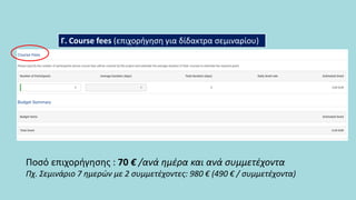 Γ. Course fees (επιχορήγηση για δίδακτρα σεμιναρίου)
Ποσό επιχορήγησης : 70 € /ανά ημέρα και ανά συμμετέχοντα
Πχ. Σεμινάριο 7 ημερών με 2 συμμετέχοντες: 980 € (490 € / συμμετέχοντα)
 
