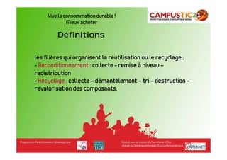 Vive la consommation durable !
              Mieux acheter

         Définitions

les ﬁlières qui organisent la réutilisation ou le recyclage :
- Reconditionnement : collecte - remise à niveau –
redistribution
- Recyclage : collecte – démantèlement – tri – destruction –
revalorisation des composants.
 