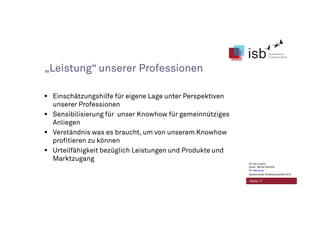 „Leistung“ unserer Professionen
Einschätzungshilfe für eigene Lage unter Perspektiven
unserer Professionen
Sensibilisierung für unser Knowhow für gemeinnütziges
Anliegen
Verständnis was es braucht, um von unserem Knowhow
profitieren zu können
Urteilfähigkeit bezüglich Leistungen und Produkte und
Marktzugang
Seite 11
CC-by-Lizenz,
Autor: Bernd Schmid
für isb-w.eu
Systemische Professionalität 2013
 