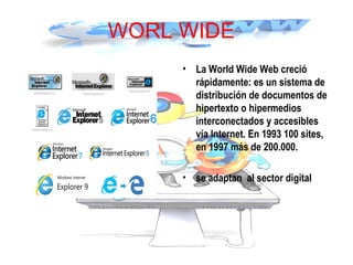 WORL WIDE
• La World Wide Web creció
rápidamente: es un sistema de
distribución de documentos de
hipertexto o hipermedios
interconectados y accesibles
vía Internet. En 1993 100 sites,
en 1997 más de 200.000.
• se adaptan al sector digital
 
