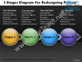 4 Stages Diagram For Redesigning Process

Your Text Here           Put Text Here          Your Text Here           Put Text Here
Download this           Download this           Download this           Download this
awesome diagram.        awesome diagram.        awesome diagram.        awesome diagram.
Bring your              Bring your              Bring your              Bring your
presentation to life.   presentation to life.   presentation to life.   presentation to life.
Capture your            Capture your            Capture your            Capture your
audience’s attention.   audience’s attention.   audience’s attention.   audience’s attention.




  Stages 1                  Stages 2                 Stages 3              Stages 4




                                                                                         Your Logo
 
