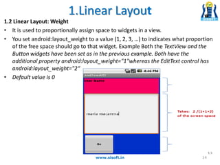 1.Linear Layout
1.2 Linear Layout: Weight
• It is used to proportionally assign space to widgets in a view.
• You set android:layout_weight to a value (1, 2, 3, …) to indicates what proportion
of the free space should go to that widget. Example Both the TextView and the
Button widgets have been set as in the previous example. Both have the
additional property android:layout_weight="1"whereas the EditText control has
android:layout_weight="2“
• Default value is 0
www.sisoft.in 14
 
