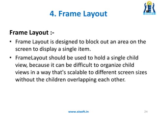 4. Frame Layout
Frame Layout :-
• Frame Layout is designed to block out an area on the
screen to display a single item.
• FrameLayout should be used to hold a single child
view, because it can be difficult to organize child
views in a way that's scalable to different screen sizes
without the children overlapping each other.
24www.sisoft.in
 