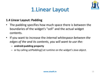 1.Linear Layout
1.4 Linear Layout: Padding
• The padding specifies how much space there is between the
boundaries of the w...