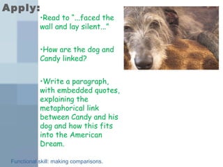 Apply: 
•Read to “...faced the 
wall and lay silent...” 
•How are the dog and 
Candy linked? 
•Write a paragraph, 
with embedded quotes, 
explaining the 
metaphorical link 
between Candy and his 
dog and how this fits 
into the American 
Dream. 
Functional skill: making comparisons. 
 