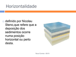 Horizontalidade


   definido por Nicolau
    Steno,que refere que a
    deposição dos
    sedimentos ocorre
    numa posição
    horizontal ou perto
    desta.


                         Nuno Correia - 09/10
 