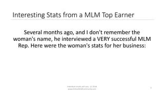 Individual results will vary. (c) 2018
www.OnlineMLMCommunity.com
3
Interesting Stats from a MLM Top Earner
Several months ago, and I don't remember the
woman's name, he interviewed a VERY successful MLM
Rep. Here were the woman's stats for her business:
 