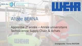 Alizée BERNA
Apprentie 2e année – Année universitaire
Technicienne Supply Chain & Achats
Enseignante : Fanny RASTOIN1
 