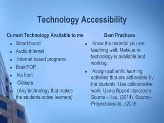 Technology Accessibility
Current Technology Available to me
 Smart board
 Audio Internet
 Internet based programs
 BrainPOP
 Ka hoot
 Clickers
 (Any technology that makes
the students active learners)
Best Practices
 Know the material you are
teaching well. Make sure
technology is available and
working.
 Assign authentic learning
activities that are achievable by
the students. Use collaborative
work. Use a flipped classroom
Source - Hsu, (2014). Source -
Proyectores de., (2016
 