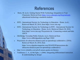 References
 Hertz, M. (n.d.). Getting Started With Technology Integration in Your
Classroom. Retrieved from https://www.edutopia.org/blog/national-
educational-technology-standards-students
 ISTE - International Society for Technology in Education - Home. (n.d.).
Retrieved March 28, 2018, from https://www.iste.org/
 ISTE - International Society for Technology in ISTE - International Society for
Technology in Education - Home. (n.d.). Retrieved March 28, 2018,
from https://www.iste.org/ Proyectores de : Connecting content and kids.
ASCD
 Old Bridge Township Public Schools. (n.d.). Retrieved from
https://www.oldbridgeadmin.org/Page/13042
 Proyectores de ultracorta distancia para un aprendizaje colaborativo. (2016).
Retrieved March 28, 2018, from
h​t​t​p​s​:​/​/​w​w​w​.​d​i​g​i​t​a​l​a​v​m​a​g​a​z​i​n​e​.​c​o​m​/​2​0​1​6​/​0​2​/​0​5​/​p​r​o​y​e​c​t​o​r​e​s​-​d​e​-
u​l​t​r​a​c​o​r​t​a​-​d​i​s​t​a​n​c​i​a​-​p​a​r​a​-​u​n​-​a​p​r​e​n​d​i​z​a​j​e​-​c​o​l​a​b​o​r​a​t​i​v​o​/
 http://www.relatably.com/q/kofi-annan-quotes-on-literacy
 Tomlinson, C. A., & McTighe, J. (2006). Integrating differentiated instruction
& understanding by design/
 