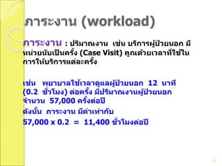 ภาระงาน (workload)
ภาระงาน : ปริมาณงาน เช่น บริการผู้ป่ วยนอก มี
หน่วยนับเป็ นครั้ง (Case Visit) คูณด้วยเวลาที่ใช้ใน
การให้บริการแต่ละครั้ง
เช่น พยาบาลใช้เวลาดูแลผู้ป่ วยนอก 12 นาที
(0.2 ชั่วโมง) ต่อครั้ง มีปริมาณงานผู้ป่ วยนอก
จานวน 57,000 ครั้งต่อปี
ดังนั้น ภาระงาน มีค่าเท่ากับ
57,000 x 0.2 = 11,400 ชั่วโมงต่อปี
22
 