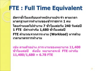 FTE : Full Time Equivalent
อัตราชั่วโมงเทียบเท่าพนักงานประจา ตามเวลา
มาตรฐานการทางานของข้าราชการ 1 คน
โดยกาหนดให้ทางาน 7 ชั่วโมงต่อวัน 240 วันต่อปี
1 FTE มีค่าเท่ากับ 1,680 ชั่วโมงต่อปี
FTE คานวณจากภาระงาน (Workload) หารด้วย
เวลามาตรการทางาน
เช่น ตามตัวอย่าง ภาระงานของพยาบาล 11,400
ชั่วโมงต่อปี ดังนั้น พยาบาลจะมี FTE เท่ากับ
11,400/1,680 = 6.78 FTE
23
 