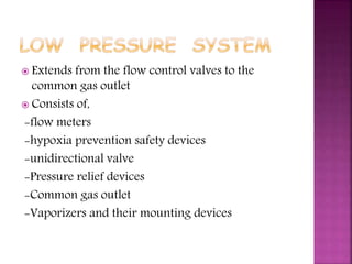  Extends from the flow control valves to the
common gas outlet
 Consists of,
-flow meters
-hypoxia prevention safety devices
-unidirectional valve
-Pressure relief devices
-Common gas outlet
-Vaporizers and their mounting devices
 