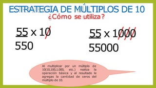 ¿Cómo se utiliza?
ESTRATEGIA DE MÚLTIPLOS DE 10
55 x 10
550
55 x 1000
55000
Al multiplicar por un múltiplo de
10(10,100,1.000, etc.) realiza la
operación básica y al resultado le
agregas la cantidad de ceros del
múltiplo de 10.
 