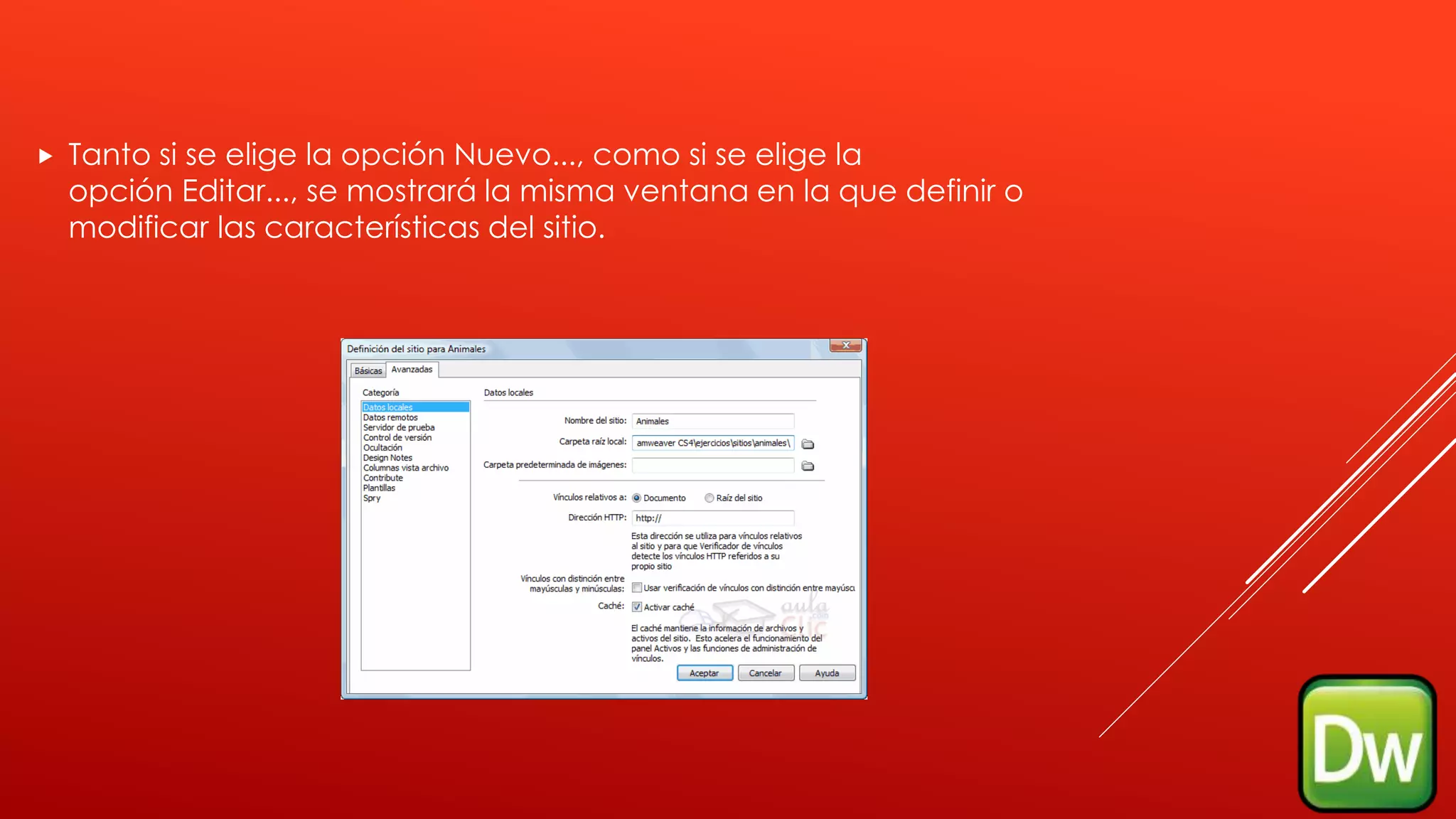  Tanto si se elige la opción Nuevo..., como si se elige la
opción Editar..., se mostrará la misma ventana en la que definir o
modificar las características del sitio.
 