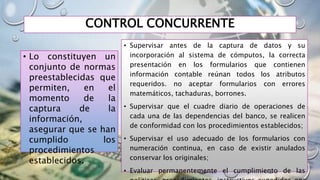 CONTROL CONCURRENTE
• Lo constituyen un
conjunto de normas
preestablecidas que
permiten, en el
momento de la
captura de la
información,
asegurar que se han
cumplido los
procedimientos
establecidos.
• Supervisar antes de la captura de datos y su
incorporación al sistema de cómputos, la correcta
presentación en los formularios que contienen
información contable reúnan todos los atributos
requeridos. no aceptar formularios con errores
matemáticos, tachaduras, borrones.
• Supervisar que el cuadre diario de operaciones de
cada una de las dependencias del banco, se realicen
de conformidad con los procedimientos establecidos;
• Supervisar el uso adecuado de los formularios con
numeración continua, en caso de existir anulados
conservar los originales;
• Evaluar permanentemente el cumplimiento de las
 