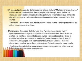 • 1º momento: Introdução do tema com a leitura do livro “Muitas maneiras de viver”
(Cosell Lenzi e Fanny Espírito Santo); exploração da capa antes da leitura,
discussão sobre as informações trazidas pelo livro, retomada do que tinha sido
discutido e registro na lousa sobre questionamentos feitos e as respostas dos
alunos.
Finalidade – trabalhar o eixo da leitura levando os alunos a antecipar sentidos e a
ativar conhecimentos prévios.
• 2º momento: Retomada da leitura do livro “Muitas maneiras de viver”,
questionamentos e registro do que os alunos falaram sobre. Explicações da
professora frente às necessidades dos alunos e discussões sobre o tema e
explicações sobre o contexto de produção (mural das descobertas, cartaz
educativo). Integração com o componente curricular Ciências – hábitos
alimentares e saúde bucal. Preenchimento de ficha de pesquisa como tarefa.
Finalidade: Interdisciplinaridade, maior conhecimento sobre o gênero cartaz
educativo e sua finalidade na sociedade.
 