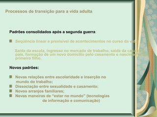 Processos de transição para a vida adulta

Padrões consolidados após a segunda guerra:
Seqüência linear e previsível de acontecimentos no curso da vida:
Saída da escola, ingresso no mercado de trabalho, saída da casa dos
pais, formação de um novo domicílio pelo casamento e nascimento do
primeiro filho.
Novos padrões:
Novas relações entre escolaridade e inserção no
mundo do trabalho;
Dissociação entre sexualidade e casamento;
Novos arranjos familiares;
Novas maneiras de “estar no mundo” (tecnologias
de informação e comunicação)

 