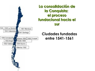 La consolidación de la Conquista:  el proceso fundacional hacia el sur Ciudades fundadas  entre 1541-1561 1543 Valparaíso 1558 Osorno 1552 Valdivia Villarrica 1552  1553 Angol 1550 Concepción Arauco 1553 1553 Tucapel Purén 1553 1541 Santiago 1544 -1549 La Serena 1561 Mendoza 