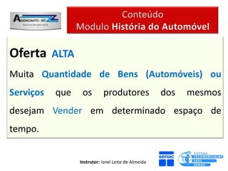Oferta ALTA
Muita Quantidade de Bens (Automóveis) ou
Serviços   que    os        produtores               dos   mesmos
desejam Vender em determinado espaço de
tempo.


                 Instrutor: Isnel Leite de Almeida
 