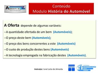A Oferta   depende de algumas variáveis:
--A quantidade ofertada de um bem (Automóveis);
--O preço deste bem (Automóveis);
--O preço dos bens concorrentes a este (Automóveis)
--O custo de produção destes bens (Automóveis)
--A tecnologia empregada na fabricação destes (Automóveis).



                     Instrutor: Isnel Leite de Almeida
 