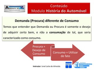 Demanda (Procura) diferente de Consumo
Temos que entender que Demanda ou Procura é somente o desejo
de adquirir certo bem, e não a consumação de tal, que seria
caracterizado como consumo.

                    Procura =
                    Desejo de
                    Consumo                  Consumo = Utilizar
                                                  de fato


                     Instrutor: Isnel Leite de Almeida
 