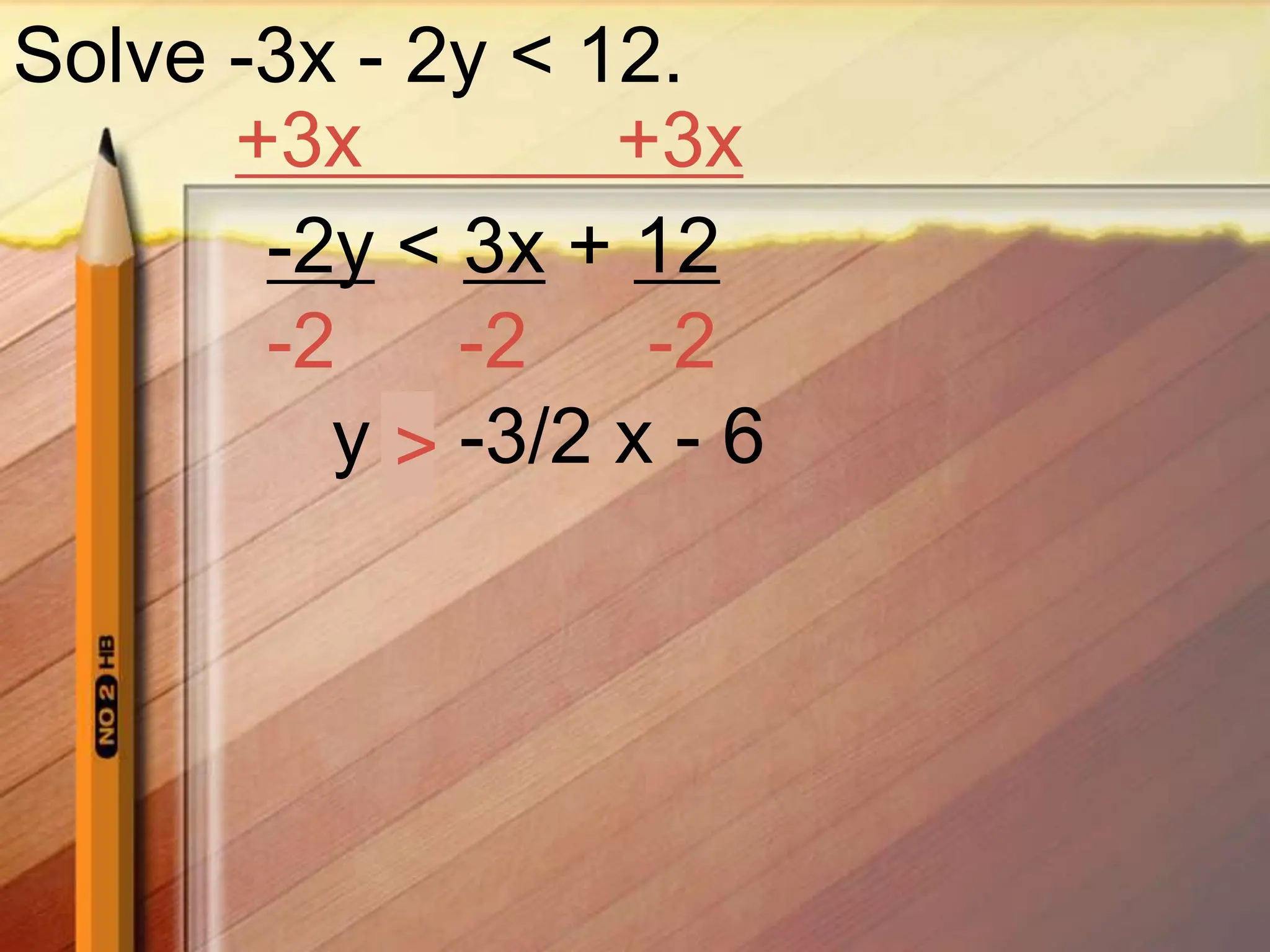 Solve -3x - 2y < 12.
+3x +3x
-2y < 3x + 12
-2 -2 -2
y < -3/2 x - 6
>
 