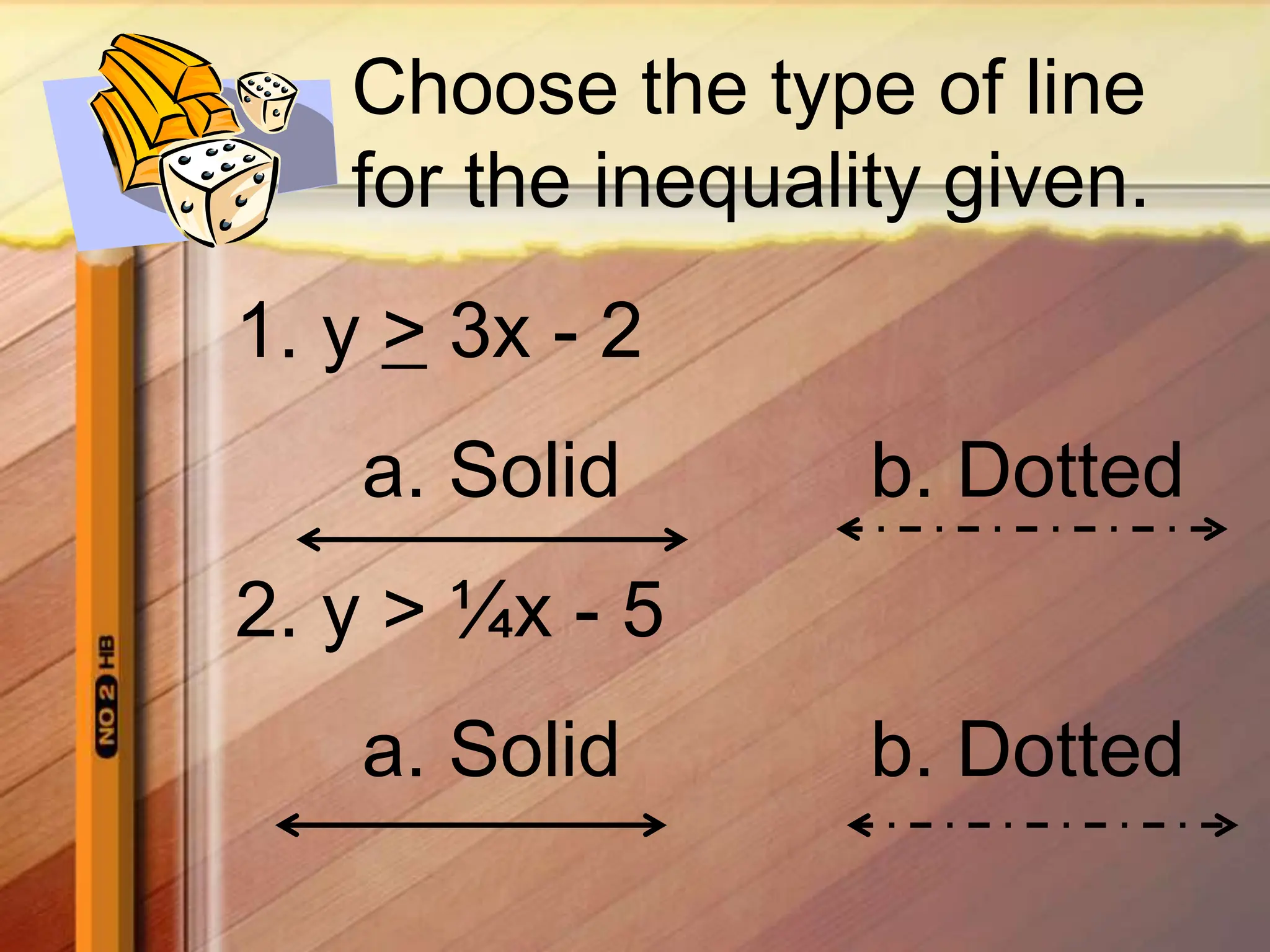 Choose the type of line
for the inequality given.
1. y > 3x - 2
a. Solid b. Dotted
2. y > ¼x - 5
a. Solid b. Dotted
 
