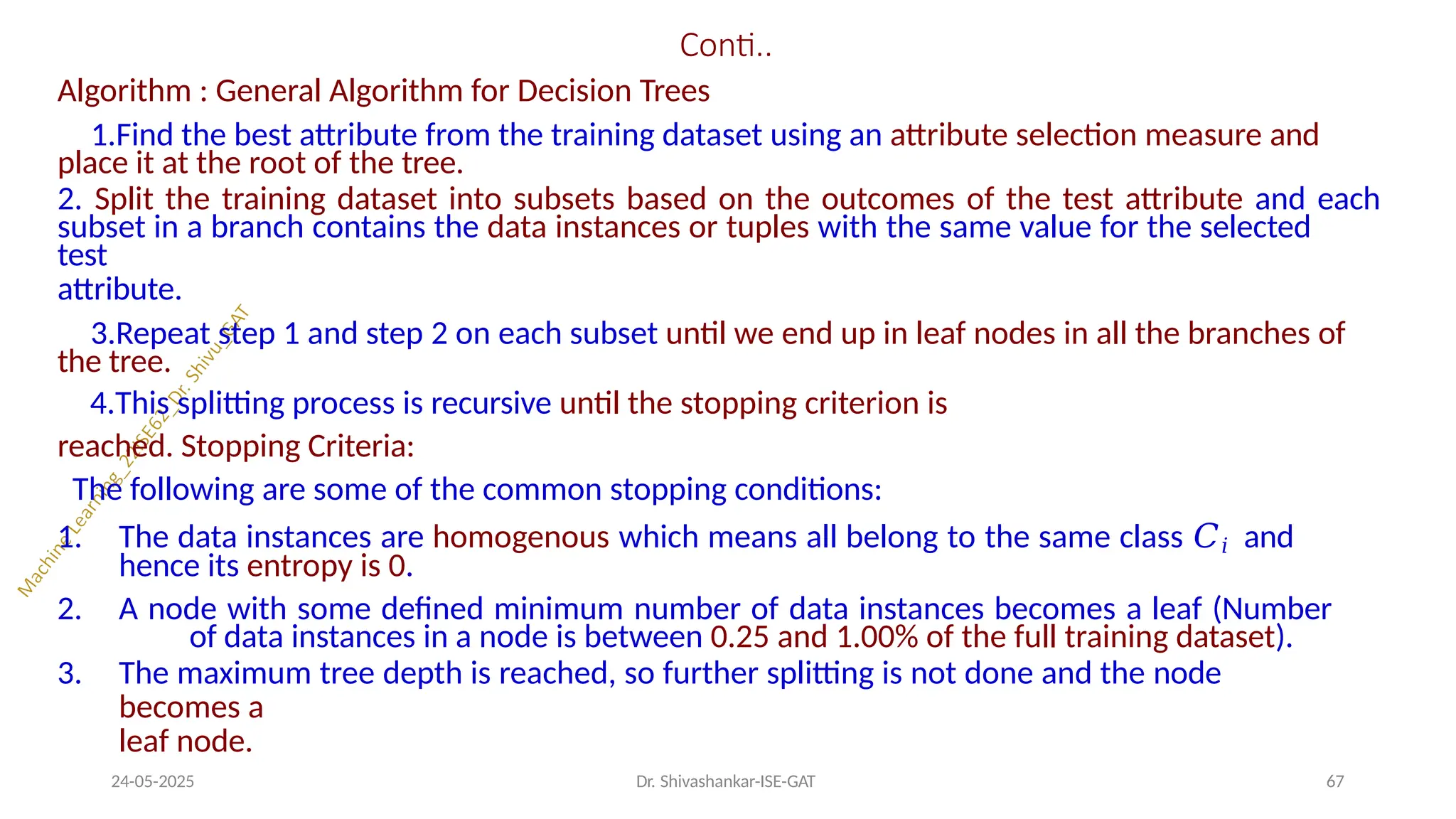Conti..
24-05-2025 Dr. Shivashankar-ISE-GAT 67
Algorithm : General Algorithm for Decision Trees
1.Find the best attribute from the training dataset using an attribute selection measure and
place it at the root of the tree.
2. Split the training dataset into subsets based on the outcomes of the test attribute and each
subset in a branch contains the data instances or tuples with the same value for the selected
test
attribute.
3.Repeat step 1 and step 2 on each subset until we end up in leaf nodes in all the branches of
the tree.
4.This splitting process is recursive until the stopping criterion is
reached. Stopping Criteria:
The following are some of the common stopping conditions:
1. The data instances are homogenous which means all belong to the same class 𝐶𝑖 and
hence its entropy is 0.
2. A node with some defined minimum number of data instances becomes a leaf (Number
of data instances in a node is between 0.25 and 1.00% of the full training dataset).
3. The maximum tree depth is reached, so further splitting is not done and the node
becomes a
leaf node.
 