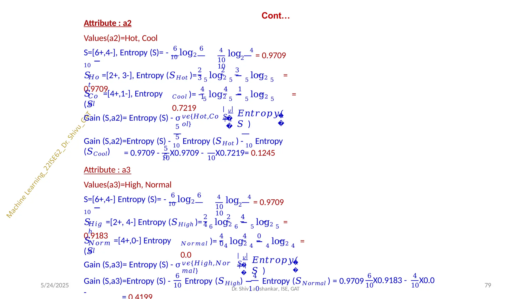 Cont…
Attribute : a2
Values(a2)=Hot, Cool
6 6
S=[6+,4-], Entropy (S)= - 10
log2
10
−
4
log 4
10 2
10
= 0.9709
𝐻𝑜
𝑡
2 2 3
3
𝑆 =[2+, 3-], Entropy (𝑆𝐻𝑜𝑡 )= - 5
log2 5
− 5
log2 5
=
0.9709
𝐶𝑜
𝑜𝑙
𝑆 =[4+,1-], Entropy
(𝑆
4 4 1
1
𝐶𝑜𝑜𝑙 )= - 5
log2 5
− 5
log2 5
=
0.7219
Gain (S,a2)= Entropy (S) - σ𝑣𝜖{𝐻𝑜𝑡,𝐶𝑜
𝑜𝑙}
𝑆
𝑣
�
�
�
�
𝐸𝑛𝑡𝑟𝑜𝑝𝑦(
𝑆 )
5
5
Gain (S,a2)=Entropy (S) - 10
Entropy (𝑆𝐻𝑜𝑡 ) - 10
Entropy
(𝑆𝐶𝑜𝑜𝑙)
10
5
5 10
= 0.9709 - X0.9709 - X0.7219= 0.1245
Attribute : a3
Values(a3)=High, Normal
6 6
S=[6+,4-] Entropy (S)= - 10
log2
10
−
4
log 4
10 2
10
= 0.9709
𝐻𝑖𝑔
ℎ
2 2 4
4
𝑆 =[2+, 4-] Entropy (𝑆𝐻𝑖𝑔ℎ )= - 6
log2 6
− 5
log2 5
=
0.9183
𝑁𝑜𝑟𝑚
𝑎𝑙
𝑆 =[4+,0-] Entropy
(𝑆
4 4 0
0
𝑁𝑜𝑟𝑚𝑎𝑙 )= - 4
log2 4
− 4
log2 4
=
0.0
Gain (S,a3)= Entropy (S) - σ𝑣𝜖{𝐻𝑖𝑔ℎ,𝑁𝑜𝑟
𝑚𝑎𝑙}
𝑆
𝑣
�
�
�
�
𝐸𝑛𝑡𝑟𝑜𝑝𝑦(
𝑆 )
6
10
4
Gain (S,a3)=Entropy (S) - Entropy (𝑆𝐻𝑖𝑔ℎ) − Entropy (𝑆𝑁𝑜𝑟𝑚𝑎𝑙 ) = 0.9709
-
6
10
4
10
X0.9183 - X0.0
Dr. Shiv1a0shankar, ISE, GAT
5/24/2025 79
 