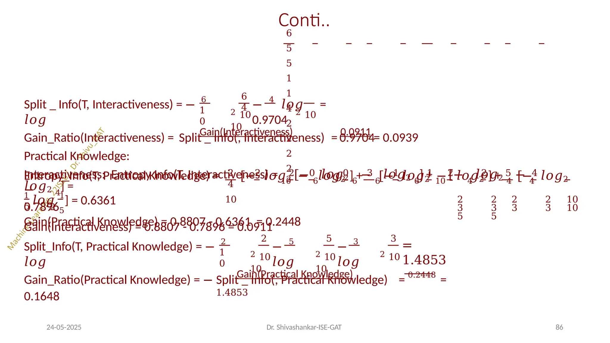 Conti..
6
5
5
1
1
4
2
2
2
2
Interactiveness: Entropy Info(T, Interactiveness) = 10
[− 6
𝑙𝑜𝑔2 6
− 6
𝑙𝑜𝑔2 6
] + 10
[− 4
𝑙𝑜𝑔2 4
− 4
𝑙𝑜𝑔2 4
] =
0.7896
Gain(Interactiveness) = 0.8807 - 0.7896 = 0.0911
1
0
Split _ Info(T, Interactiveness) = − 6
𝑙𝑜𝑔
2 10
10
6
4 2 10
− 4
𝑙𝑜𝑔 =
0.9704
Split _ Info(, Interactiveness) 0.9704
Gain_Ratio(Interactiveness) = Gain(Interactiveness)
= 0.0911
= 0.0939
Practical Knowledge:
2 2 2 0 0 3 1 1 2 2 5 4
4
Entropy_Info(T, Practical Knowledge) = [− 𝑙𝑜𝑔2 − 𝑙𝑜𝑔2 ] + [− 𝑙𝑜𝑔2 − 𝑙𝑜𝑔2 ] + [− 𝑙𝑜𝑔2
−
10 2 2 2 2 10
3 3 3 3 10
5 5
5 2 5
1
𝑙𝑜𝑔 1
] = 0.6361
Gain(Practical Knowledge) = 0.8807 - 0.6361 = 0.2448
1
0
Split_Info(T, Practical Knowledge) = − 2
𝑙𝑜𝑔
2
2 10
10
− 5
𝑙𝑜𝑔
5
2 10
10
− 3
𝑙𝑜𝑔
2 10
3
=
1.4853
Split _ Info(, Practical Knowledge)
1.4853
24-05-2025 Dr. Shivashankar-ISE-GAT 86
Gain_Ratio(Practical Knowledge) = − Gain(Practical Knowledge)
= 0.2448
=
0.1648
 