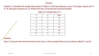 Conti..
24-05-2025 Dr. Shivashankar-ISE-GAT 20
Problem 1: Consider the sample data shown in Table 4.9 with two features x and y. The target classes are ‘A’
or ‘B’ with given instance (6, 5), Predict the class using Nearest Centroid Classifier.
Table 4.9: Sample Data X Y
Solution:
Step 1: Compute the mean/centroid of each class. In this example there are two classes called ‘A’ and ‘B’.
x y Class
3 1 A
5 2 A
4 3 A
7 6 B
6 7 B
8 5 B
 