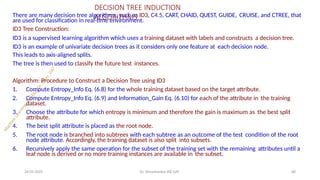 DECISION TREE INDUCTION
ALGORITHMS
24-05-2025 Dr. Shivashankar-ISE-GAT 68
There are many decision tree algorithms, such as ID3, C4.5, CART, CHAID, QUEST, GUIDE, CRUISE, and CTREE, that
are used for classification in real-time environment.
ID3 Tree Construction:
ID3 is a supervised learning algorithm which uses a training dataset with labels and constructs a decision tree.
ID3 is an example of univariate decision trees as it considers only one feature at each decision node.
This leads to axis-aligned splits.
The tree is then used to classify the future test instances.
Algorithm: Procedure to Construct a Decision Tree using ID3
1. Compute Entropy_Info Eq. (6.8) for the whole training dataset based on the target attribute.
2. Compute Entropy_Info Eq. (6.9) and Information_Gain Eq. (6.10) for each of the attribute in the training
dataset.
3. Choose the attribute for which entropy is minimum and therefore the gain is maximum as the best split
attribute.
4. The best split attribute is placed as the root node.
5. The root node is branched into subtrees with each subtree as an outcome of the test condition of the root
node attribute. Accordingly, the training dataset is also split into subsets.
6. Recursively apply the same operation for the subset of the training set with the remaining attributes until a
leaf node is derived or no more training instances are available in the subset.
 