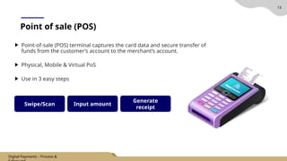 13
Point of sale (POS)
Point-of-sale (POS) terminal captures the card data and secure transfer of
funds from the customer’s account to the merchant’s account.
Physical, Mobile & Virtual PoS
Use in 3 easy steps
Swipe/Scan Input amount
Generate
receipt
Digital Payments – Process &
 
