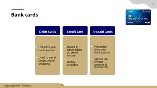 7
Debit Cards Credit Card Prepaid Cards
Bank cards
Linked to your
bank account
Used to pay at
shops, online
shopping
Issued by
banks based
on credit
history
Widely
accepted
Preloaded
from your
bank account
Safe to use,
limited
amount of
transaction
Digital Payments – Process &
 