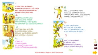 AGTO DR. VIEIRA DE CARVALHO- DEP. ED. PRÉ-ESCOLAR
O JOÃO VIVIA NO CAMPO
NUMA CASA PEQUENA COM A MÃE
PRECISAVAM DE MAIS DINHEIRO
PARA PODER COMER BEM.
JÁ SÓ TINHAM UMA VACA
QUE O JOÃO FOI VENDER
UM HOMEM DEU-LHE 5 FEIJÕES
FOI O MELHOR QUE CONSEGUIU TRAZER!
UM FEIJÃO CAIU AO CHÃO
E COMO SE FOSSE MAGIA
CRESCEU UM FEIJOEIRO GIGANTE
QUE SURPRESA E ALEGRIA!
PÉ ANTE PÉ
LÁ SUBIU O JOÃO
ATÉ APARECEU UMA FADA
QUE LHE PÔS UM SACO NA MÃO!
MAS LÁ EM CIMA NO TOPO
HAVIA UM GIGANTE A GRITAR!
UMA GALINHA PUNHA OVOS DE OURO
PARA ELE NÃO SE CHATEAR!
O JOÃO ESPERTALHÃO
NO SACO PÔS A GALINHA
DESCEU O GRANDE FEIJOEIRO
O QUE PRECISAVA JÁ TINHA.
BEM FELIZES FICARAM
A MÃE E O JOÃO
CORTARAM O FEIJOEIRO
ADEUS, GIGANTE MAUZÃO!
FIM
 