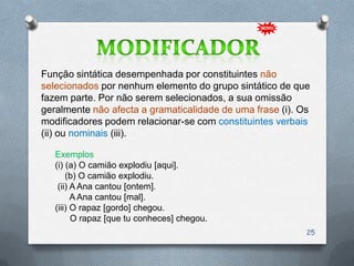 Função sintática desempenhada por constituintes não
selecionados por nenhum elemento do grupo sintático de que
fazem parte. Por não serem selecionados, a sua omissão
geralmente não afecta a gramaticalidade de uma frase (i). Os
modificadores podem relacionar-se com constituintes verbais
(ii) ou nominais (iii).

   Exemplos
   (i) (a) O camião explodiu [aqui].
       (b) O camião explodiu.
    (ii) A Ana cantou [ontem].
         A Ana cantou [mal].
   (iii) O rapaz [gordo] chegou.
         O rapaz [que tu conheces] chegou.
                                                           25
 